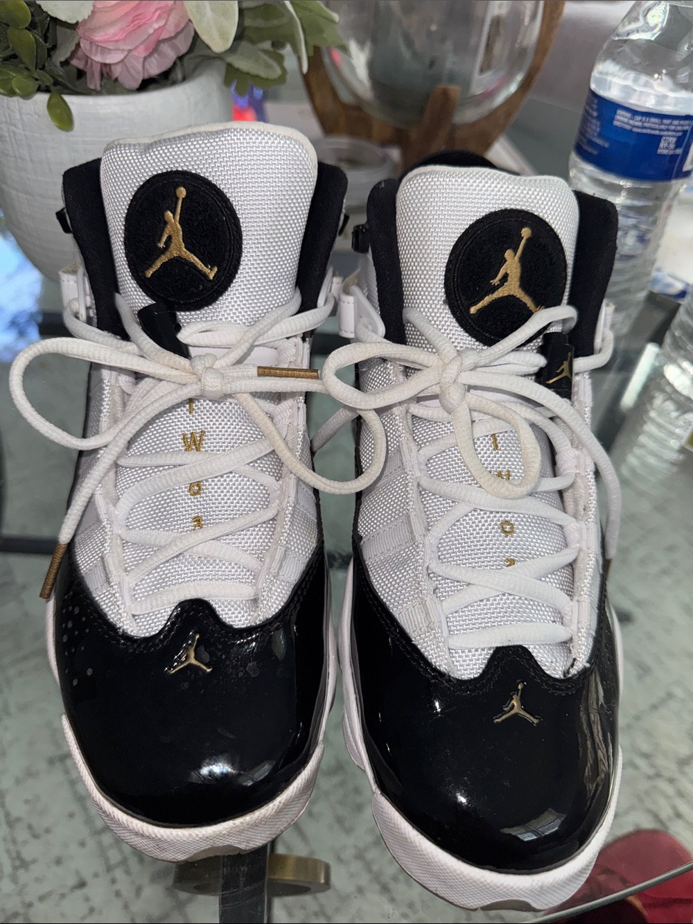 Jordan Youth White, Black & Gold Retro Sneakers